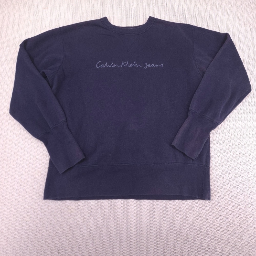 Calvin Klein Sweatshirt Mens Small Blue Crew Neck pullover Embroidered Spell Out